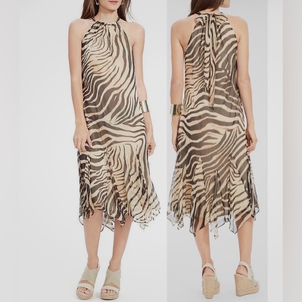 RALPH LAUREN Women’s Zebra Animal Print Halter Elegant Maxi  Dress EUC 12 Large